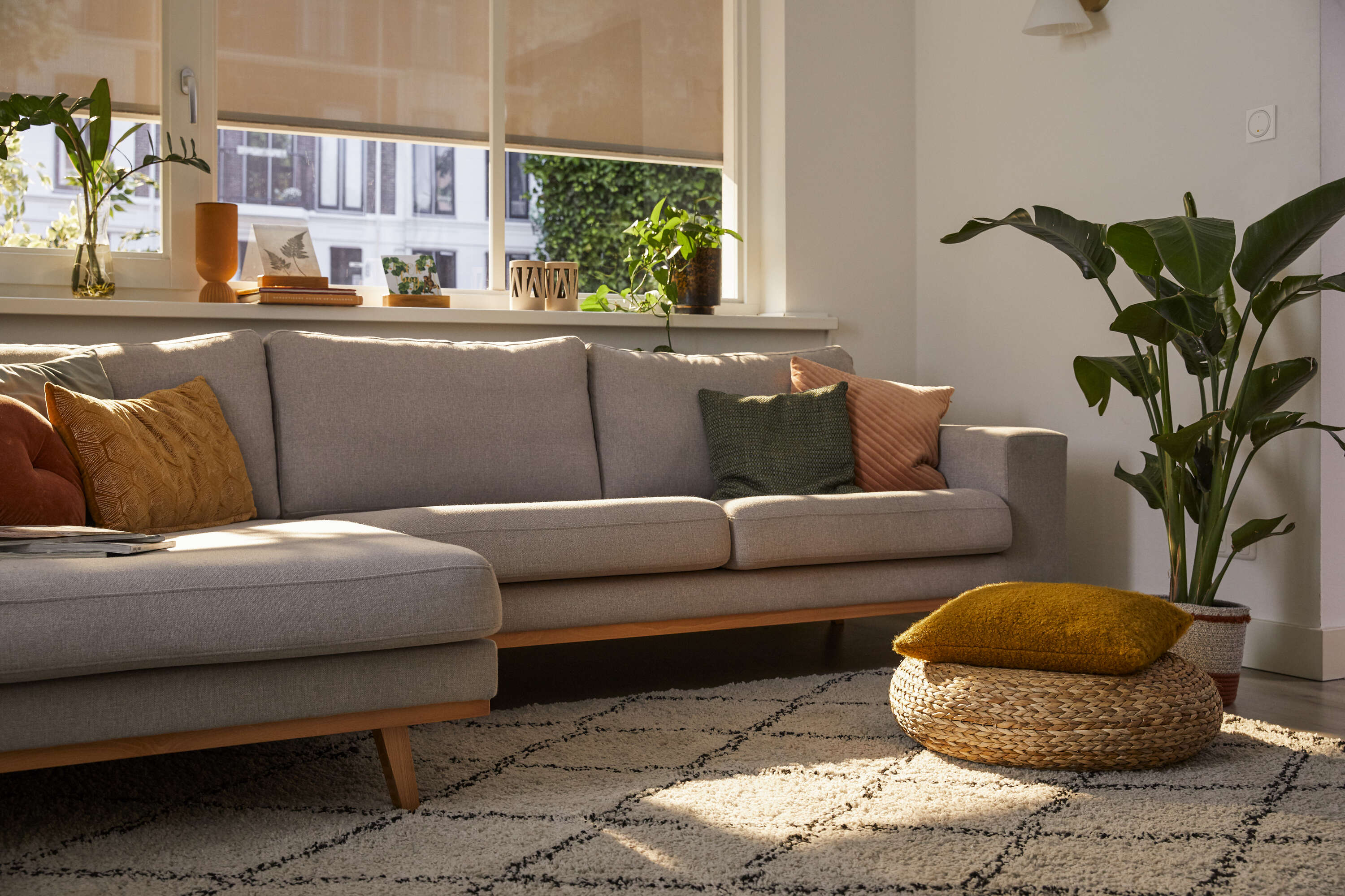 Een knusse woonkamer met een lichtgrijze bank versierd met kleurrijke kussens, omringd door groene planten. Het zonlicht stroomt door grote ramen, verlicht de ruimte en benadrukt een geweven rond kussen op de vloer naast een gevaryzeerd tapijt.